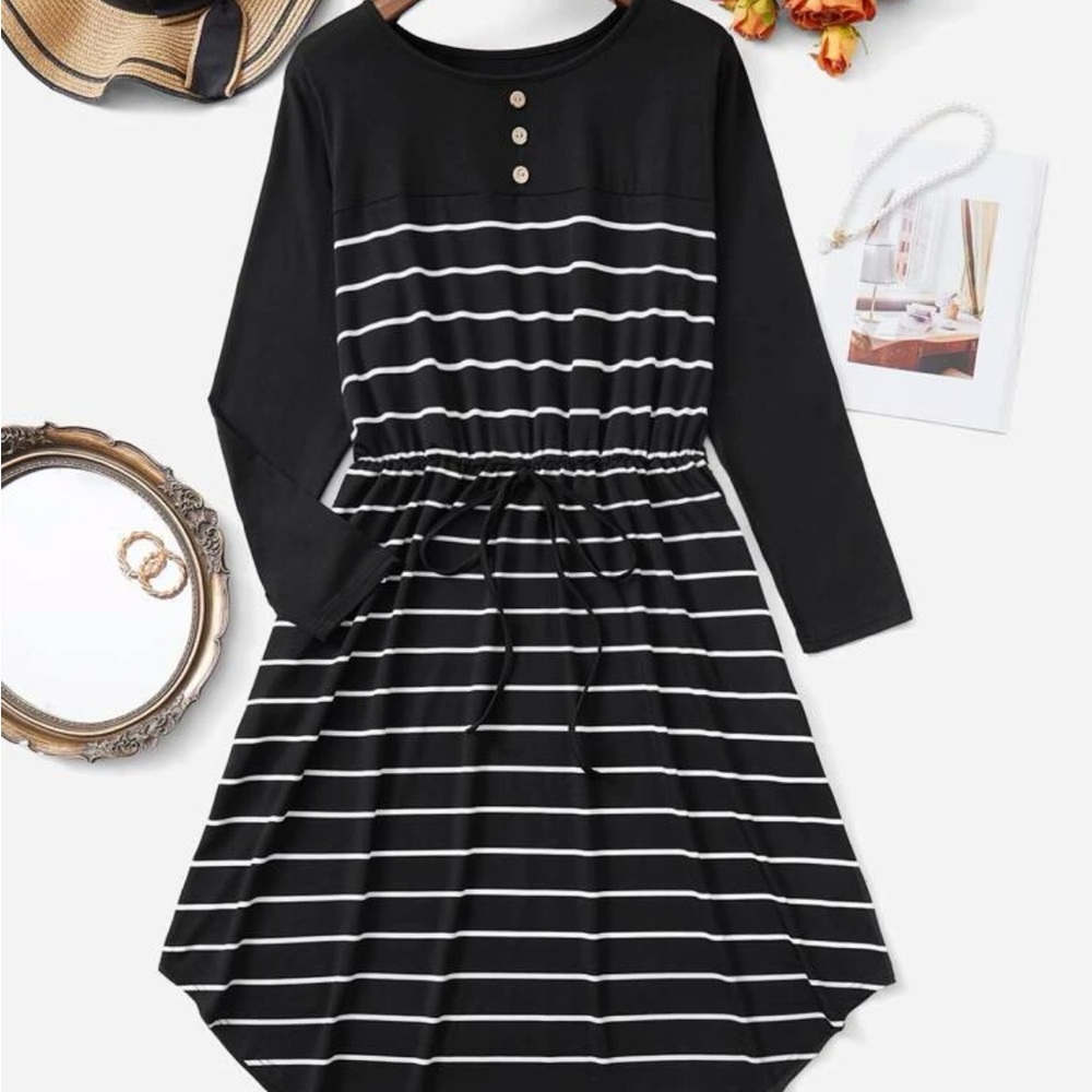 Plus Striped Print Drawstring Waist Curved Hem Dress Size 18 NWT